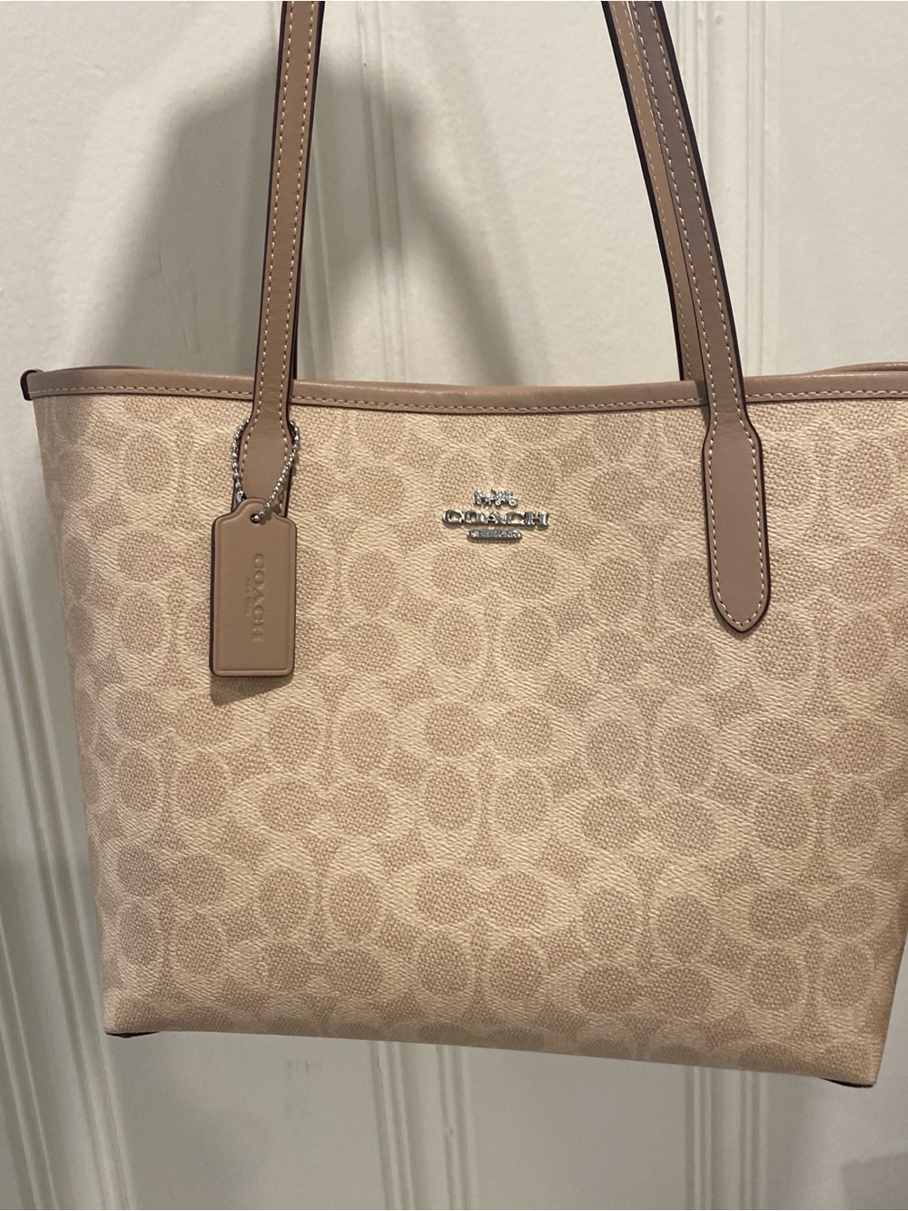Coach Signature Canvas Tote in Beige with Tan Trim